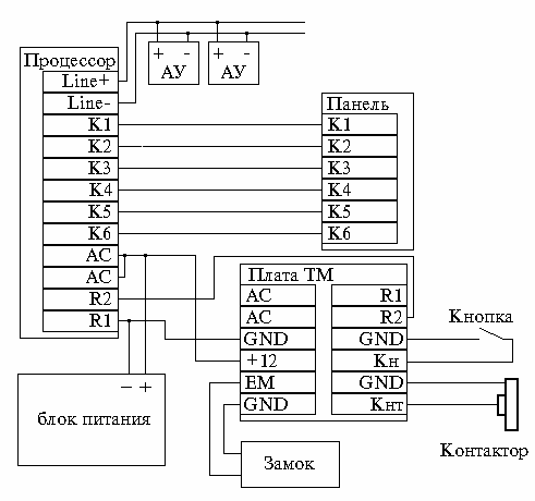 Схема подключения домофона CD-1803 с использованием контроллера ключей Touch Memory.